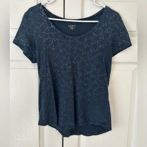 LOFT Women’s Navy Blue Star Print Scoop Neck 100% Cotton Blouse Shirt Size XS